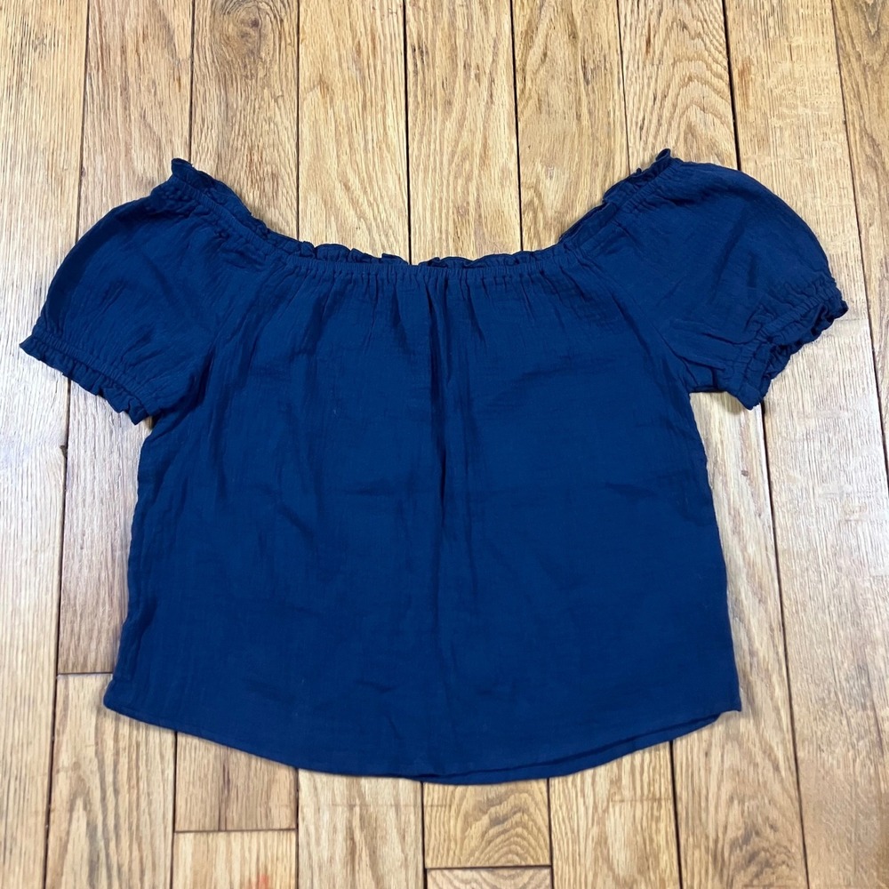 NEW Rewind Navy Blue Off The Shoulder Puff Sleeve Gauze Boho Crop Top Blouse S